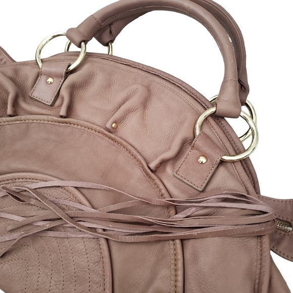 Bulga Beige Leather Large Boho Handbag Fringed Pleated Studded Details - Picture 4 of 12